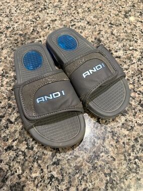 AND1 Kids' Gray Slide Sandals with Blue Accent Size 13-1